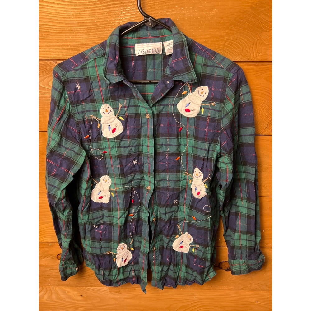Casey & Max Womens‎ Flannel Shirt M Plaid Christmas Snowman Holiday Winter Party